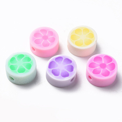 Handmade Polymer Clay Beads, Flat Round with Flower
