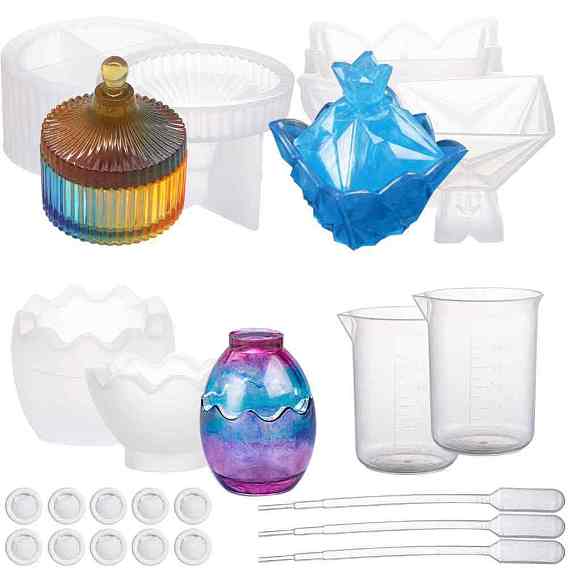 SUNNYCLUE Silicone Storage Box Molds, Resin Casting Molds, For UV Resin, Epoxy Resin Jewelry Making, with Disposable Latex Finger Cots, Measuring Cup and Pipettes Dropper