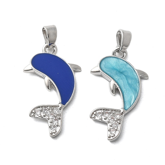 Латунь микропаве фианиты с подвесками из эмали, без кадмия, без никеля и без свинца, дельфин, платина