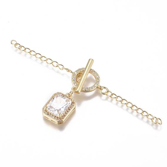 Brass Micro Pave Clear Cubic Zirconia Chain Extender, with Toggle Clasps, Cadmium Free & Lead Free, Long-Lasting Plated, Square