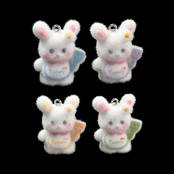Flocky Opaque Resin Pendants, with Platinum Iron Loops, Rabbit Charms