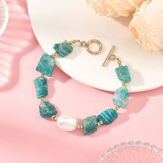 Bracelets en perles d'amazonite naturelle brute et de coquillage ovale, avec 304 fermoirs à bascule en acier inoxydable, nuggets