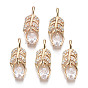 Brass Micro Pave Cubic Zirconia Pendants, Long-Lasting Plated, Feather with Teardrop, Light Gold