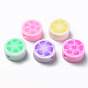 Handmade Polymer Clay Beads, Flat Round with Flower