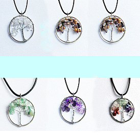 Colorful Stone Pendant Necklace with Natural Crystal Tree of Life for Prosperity
