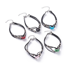 Cowhide Leather Cord Multi-strand Bracelets, with Glass European Beads, Brass Spacer Beads, Iron Ribbon Ends and 304 Stainless Steel Lobster Claw Clasps