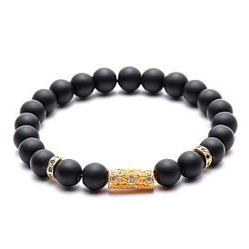 Natural Stone Micro-Set White Zircon Bracelet with Matte Copper Tube Men's Buddhist Beads