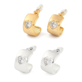 Brass Drawbench Stud Earrings, with Clear Cubic Zirconia, Half Hoop Earrings for Women, Heart