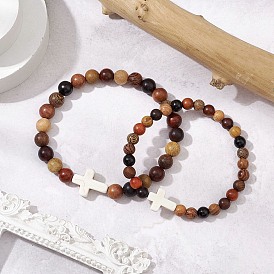 2Pcs Wood Beads Stretch Bracelets for Couple, with Synthetic Turquoise, Cross