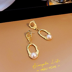 Baroque Geometric Cutout Metal Earrings with Natural Pearl - Fashionable and Trendy Design