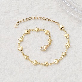 Браслеты из латунной цепочки для женщин, Сердце и звезда, с 304 из нержавеющей стали Lobster Claw застежками