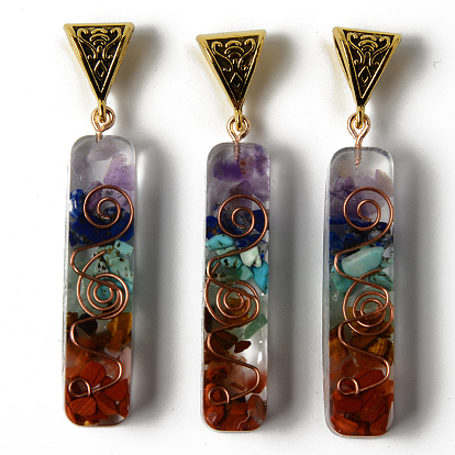 Rectangle Epoxy Resin Big Pendants, with Natural Amethyst & Lapis Lazuli & Sodalite & Green Aventurine & Tiger Eye & Carnelian & Red Jasper Chips inside, and Iron Wire, Alloy Bails