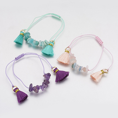 Pulseras de hilo de hilo de nylon, con fichas de gemas naturales y colgantes de borlas de nylon