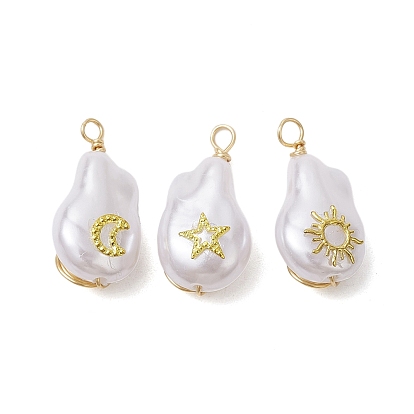 ABS Plastic Imitation Pearl Pendants, with Brass Cabochons and Eco-Friendly Copper Wire