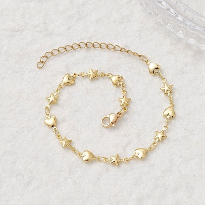 Браслеты из латунной цепочки для женщин, Сердце и звезда, с 304 из нержавеющей стали Lobster Claw застежками