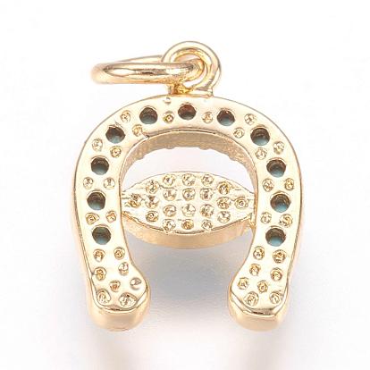 Brass Micro Pave Cubic Zirconia Charms, Horseshoe with Evil Eye