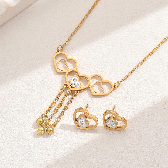 Элегантный и милый женский комплект из серег-гвоздиков и ожерелья в форме сердца из нержавеющей стали с кисточками