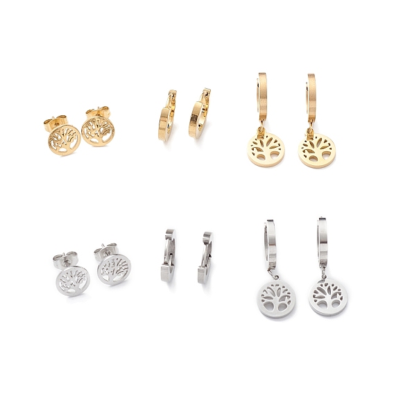 3 пары 3 стиль 304 серьги-кольца из нержавеющей стали с деревом жизни, серьги-гвоздики для женщин