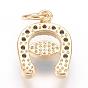 Brass Micro Pave Cubic Zirconia Charms, Horseshoe with Evil Eye