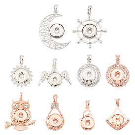 10Pcs 10 Style Alloy Hang Snap Base Pendant, with Rhinestone, for Interchangeable Snap Charms Jewelry Making, Moon & Flower & Teardrop