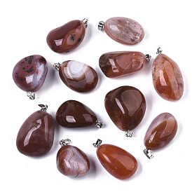 Natural Carnelian Pendants, with Stainless Steel Snap on Bails, Tumbled Stone, Nuggets, Stainless Steel Color