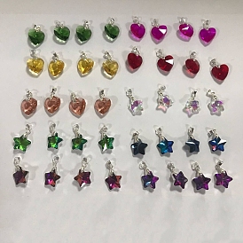 40Pcs 10 Styles Faceted Glass Pendants, with Brass Findings, Heart Charms & Star