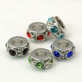Alloy Rhinestone European Beads, Grade A, Column, Platinum, 13x7mm, Hole: 5mm