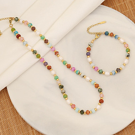 Colorful Natural Stone Necklace Fashion Pearl Jewelry Stainless Steel Collarbone Chain