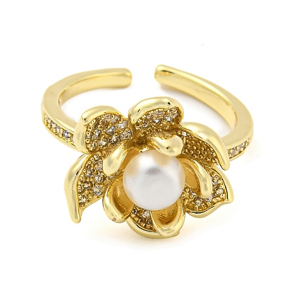 Natural Pearl Lotus Open Cuff Ring with Rhinestone, Brass Finger Ring