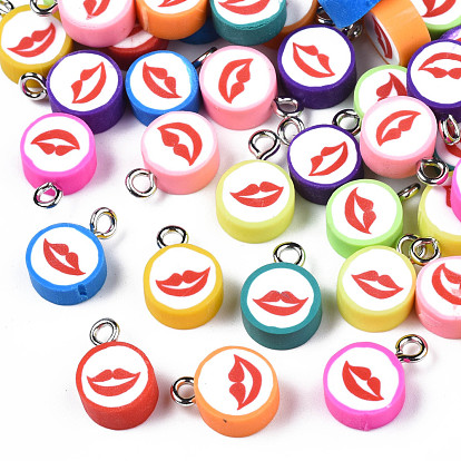 Handmade Polymer Clay Charms, with Platinum Plated Iron Loop, Flat Round with Mouth