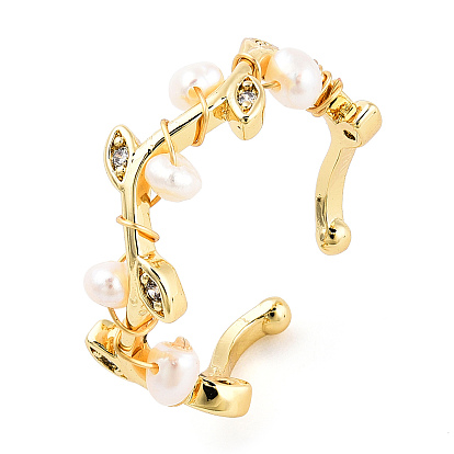 Cubic Zirconia Leafy Branch Open Cuff Ring with Natural Pearl Beaded, Brass Jewelry for Women