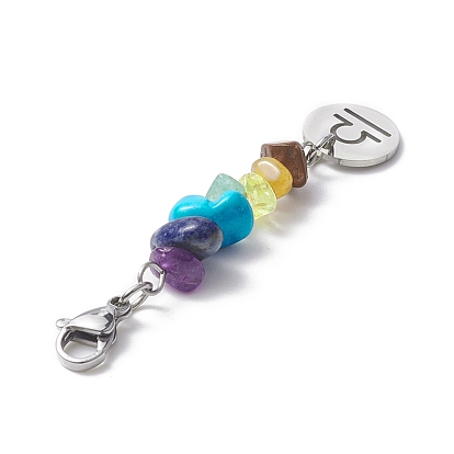 Chakra Theme Natural Gemstone Chips Decorations, 12 Constellation Pendant Decorations, with 304 Stainless Steel Lobster Claw Clasps