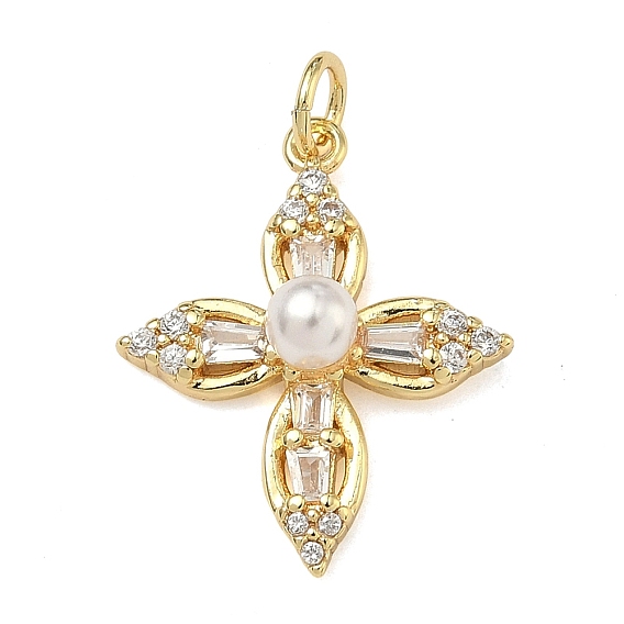 Латунные микропаве прозрачные подвески с фианитом, с ABS имитации жемчуга, крест прелести, без свинца и без кадмия, стойки покрытие, долговечный