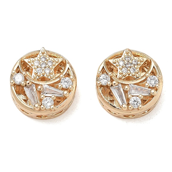 Brass Micro Pave Clear Cubic Zirconia Beads, Flat Round & Star