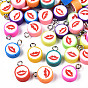Handmade Polymer Clay Charms, with Platinum Plated Iron Loop, Flat Round with Mouth