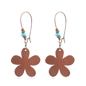 Wood Dangle Earrings, with Alloy Findings, Flower