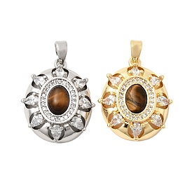 Природных тигровый глаз подвески, подвески-цветы с латунными подвесками-паве из прозрачных кубических цирконий