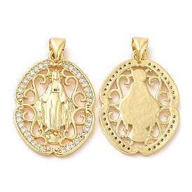 Rack Plating Brass Pendants, with Cubic Zirconia, Oval with Saint