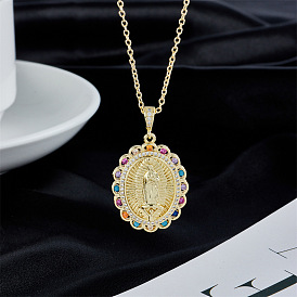 18K Gold Plated Virgin Mary Pendant with Copper Micro Inlaid Zirconia Stones Necklace - Religious Jewelry from Europe and America