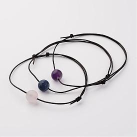 Adjustable Leather Cord Bracelets, with Natural Gemstone Round Beads