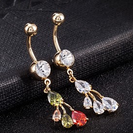 Piercing Jewelry, Brass Cubic Zirconia Navel Ring, Belly Rings, with Surgical Stainless Steel Bar, Cadmium Free & Lead Free