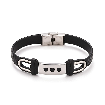 201 Stainless Steel Rectangle Link Bracelet with PU Leather Cord for Men Women, Black