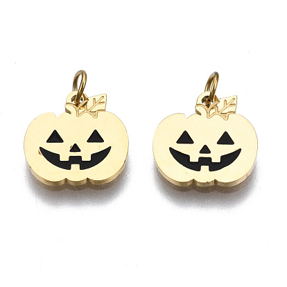 316 Surgical Stainless Steel Enamel Charms, with Jump Rings, for Halloween, Pumpkin