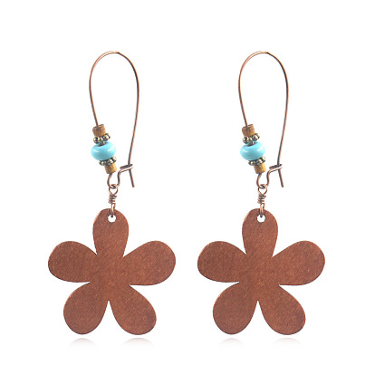 Wood Dangle Earrings, with Alloy Findings, Flower