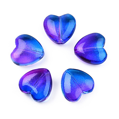 Transparent Spray Painted Glass Beads, Two Tone, Heart