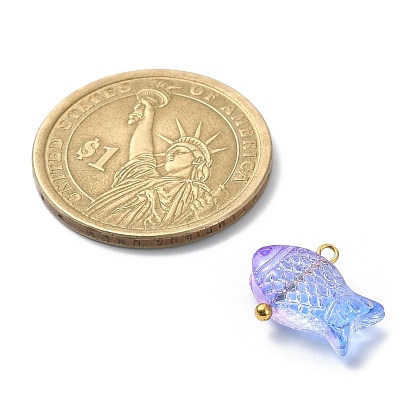 Transparent Spray Painted Glass Pendents, Golden Brass Findings, Fish Charms