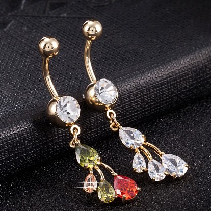Piercing Jewelry, Brass Cubic Zirconia Navel Ring, Belly Rings, with Surgical Stainless Steel Bar, Cadmium Free & Lead Free