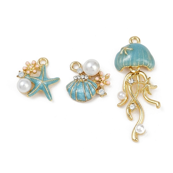Подвески из латунного сплава, с эмалью и абс пластика имитация жемчуга, медуза/морская звезда/ракушка, стойки покрытие, золотые