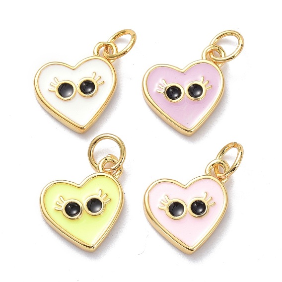Real 18K Gold Plated Brass Enamel Charms, with Jump Rings, Long-Lasting Plated, Heart with Eye