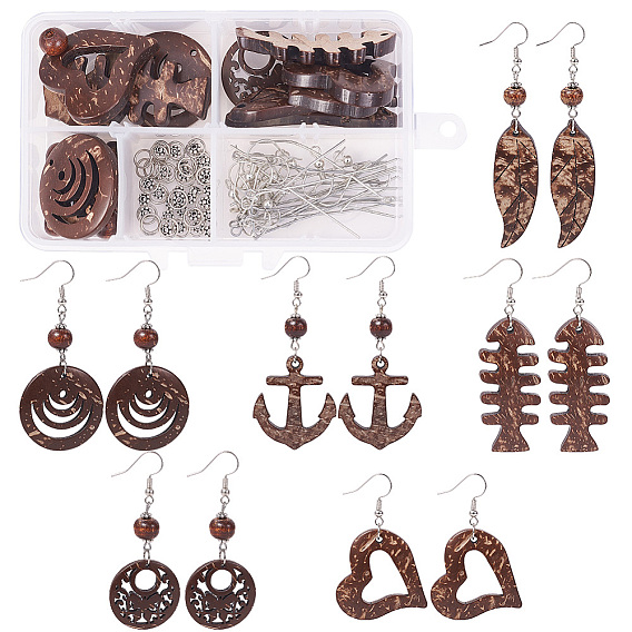 DIY Earring Making, with Coconut Pendants, Wood Beads, Iron Eye Pin, Alloy Spacer Beads and Brass Earring Hooks